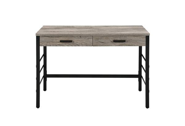 English Elm Disho Light Weathered Oak Writing Desk with USB Ports, 2 Drawers, Black Metal Ladder Base, Industrial Charm B2726P255313