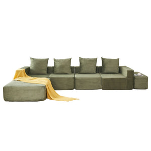 English Elm L-shaped Modular Sectional with Ottoman Corduroy Upholstery Four Seat Living Room Sofa Green W2699S00083