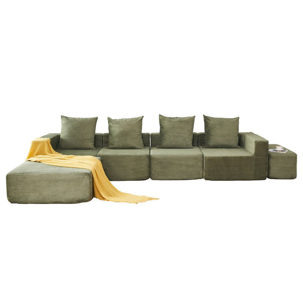 English Elm L-shaped Modular Sectional with Ottoman Corduroy Upholstery Four Seat Living Room Sofa Green W2699S00083