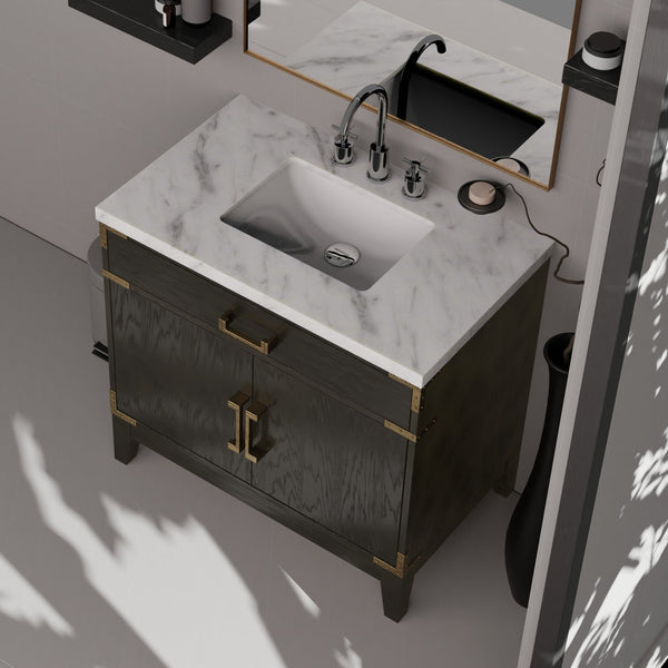 English Elm Black Oak Single Vanity 36" W With Premium Carrara Marble Top, Soft-Close Doors & Stylish Storage B2731P260909
