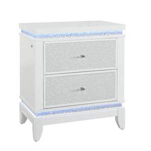 English Elm ADALID White Nightstand with Glittered Drawer Front, LED Lighting, 2 Spacious Drawers, Solid Wood Finish B201P288342