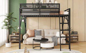 English Elm Full Size Loft Bed with Ladder and Built-In Shelves, Sturdy Metal High Loft for Kids Teens 54" Black W2580P379998