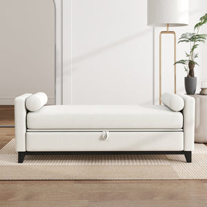 English Elm 66 Inch Sherpa Upholstered Storage Bench with Fluted Wood Base and Bolster Pillows W1658P446122