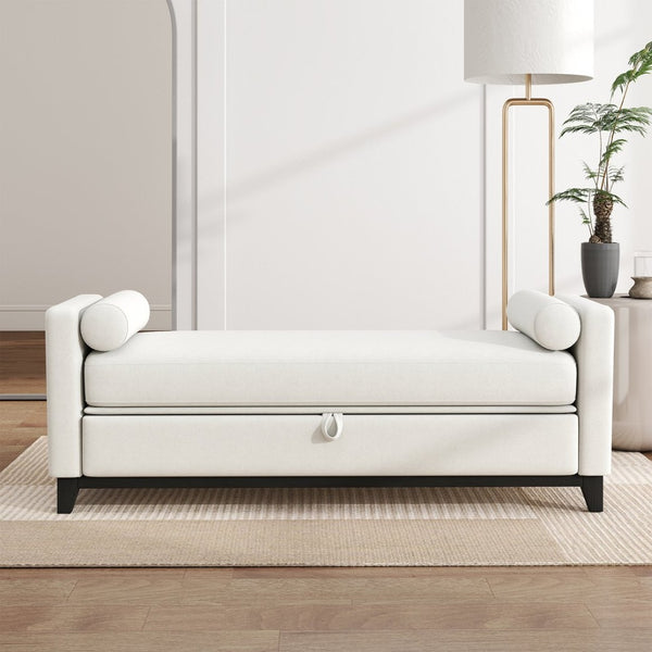 English Elm 66 Inch Sherpa Upholstered Storage Bench with Fluted Wood Base and Bolster Pillows W1658P446122