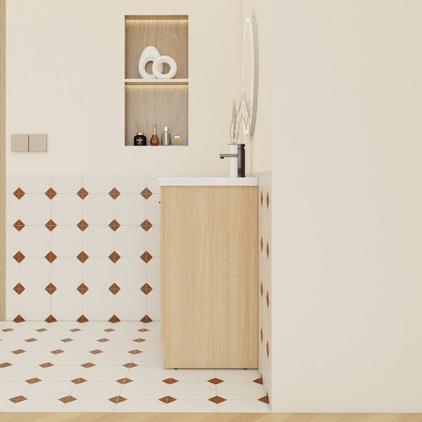 English Elm 24" Floating Oak Plywood Bathroom Vanity Set with Glossy Resin Sink Scandinavian Style W3450S00090
