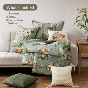 English Elm 7-piece Cal King Vintage Floral Comforter Set with Reversible Stripe and Bed Skirt B035P440214