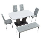 English Elm 63" Modern Style 6-Piece Dining Table With 4 Chairs & 1 Bench, Table With Marbled Veneers Tabletop and V-Shaped Table Legs (White)