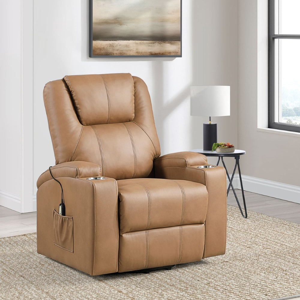 English Elm Macklin Faux Leather Power Lift Recliner with Heat Massage and Storage Pockets Camel B062P466803