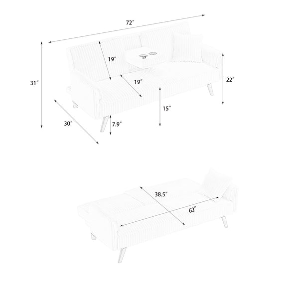 English Elm Minimalist Corduroy Sofa with Adjustable 3-Angle Recline, Dual Cup Holders, Solid Wood Frame Black W1658P251975