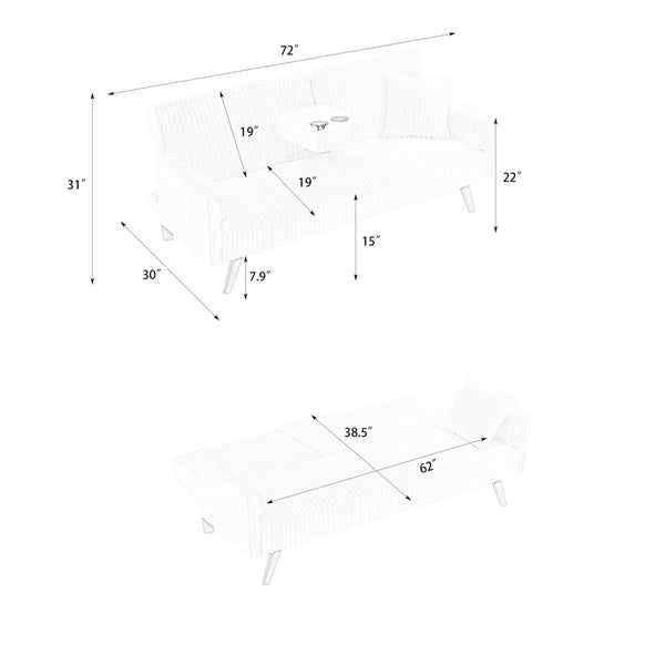 English Elm Minimalist Corduroy Three Seat Sofa with Reclining Backrest and Built in Cup Holders W1658P251973