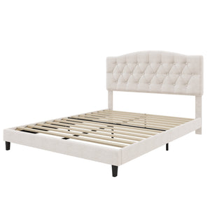 English Elm Upholstered Diamond-Tufted Platform Bed with Two-Position Adjustable Headboard and Sturdy Support Beige 65.71 L x 26.89 W x 4.88 H N701P342915B