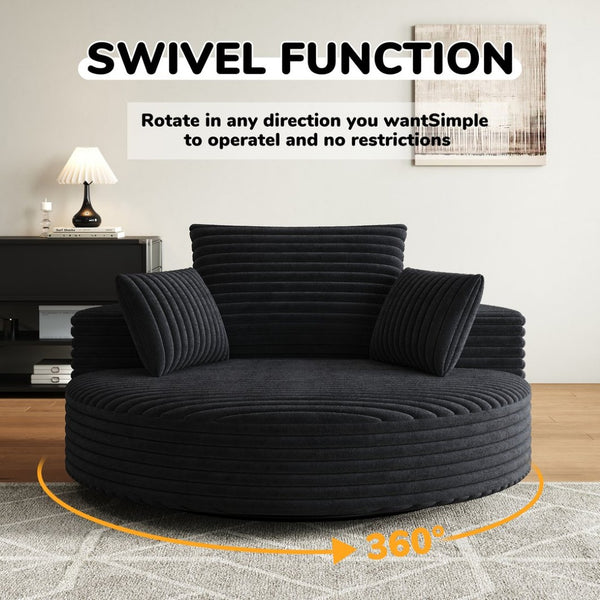 English Elm 55''l 55'l Faux Rabbit Fur Corduroy Swivel Lounge Chair Cloud Foam Seat for Bedroom Black W834S00448