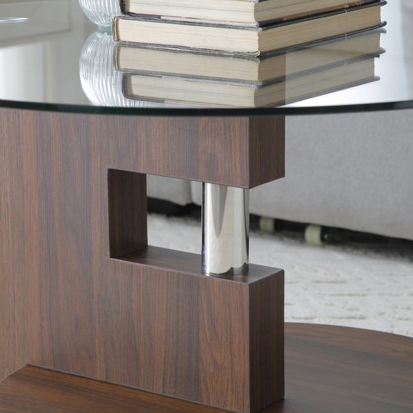 English Elm Modern Round Glass Top Coffee Table with Wood Mdf Base and Open Lower Shelf Walnut,Warm Grey W1117P272167