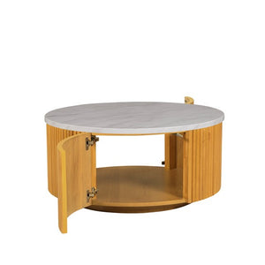 English Elm Faux Round Marble Coffee Table with Hidden Storage, 35.5" Top, Natural Base, 100 lb Capacity B035P262683