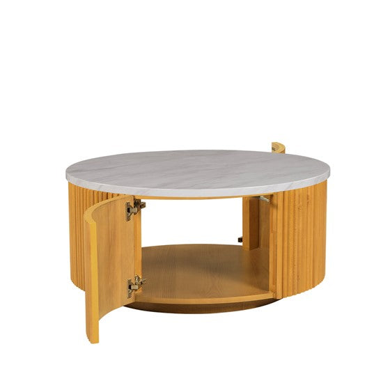 English Elm Faux Round Marble Coffee Table with Hidden Storage, 35.5" Top, Natural Base, 100 lb Capacity B035P262683