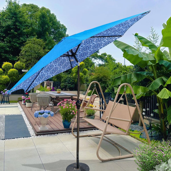 English Elm 9ft Outdoor Patio Umbrella Hexagonal Canopy Uv Resistant Tilt Vented Resort Style Pattern + Blue W656P242106