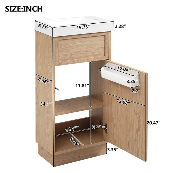 English Elm 15.75" Rustic Bathroom Vanity with Reversible Resin Sink, Soft-Close Door, Adjustable Shelf, Compact Elegance N729P285513N