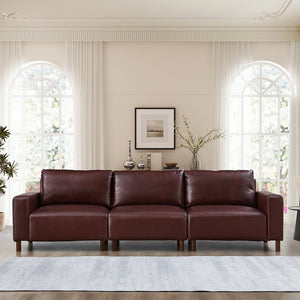 English Elm 112" Mid-century Faux Leather Three-seat Sofa with Rubberwood Legs for Living Room Burgundy W1097S00256