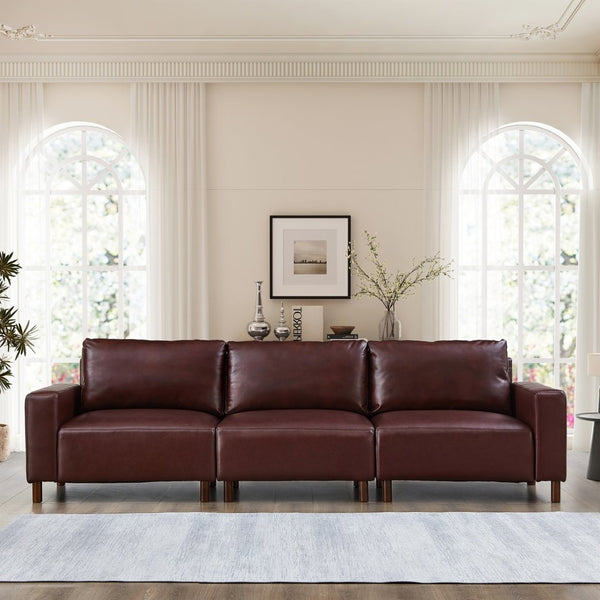 English Elm 112" Mid-century Faux Leather Three-seat Sofa with Rubberwood Legs for Living Room Burgundy W1097S00256