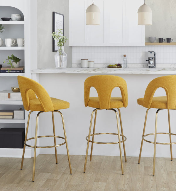 English Elm Fixed-height Swivel Barstools with Gold Footrest Black Frame White Upholstery Set B202S01872