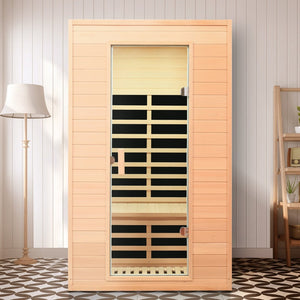 English Elm Hemlock Wood Two Person Far Infrared Indoor Sauna with Bluetooth and Led Lighting W632S00016