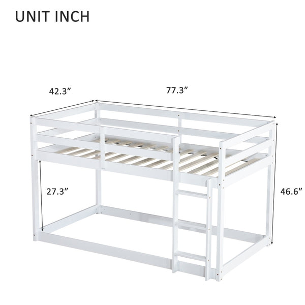 English Elm Solid Rubberwood Twin-Over-Twin Floor Bunk Bed With Ladder, Sturdy Slats & Stylish White Finish W504P191666-GIGA