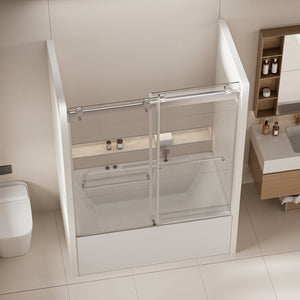 English Elm 56-60 in Frameless Bypass Tub Shower Door Soft Close Tempered Glass Brushed Nickel W1920P385331