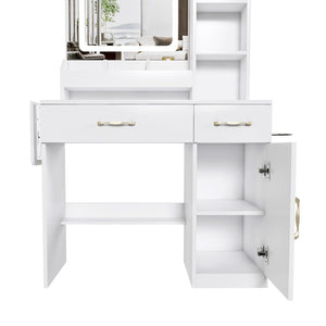 English Elm Vanity Desk with Led Mirror Touch Light Power Outlet Drawers and Storage Stool W2700P342538