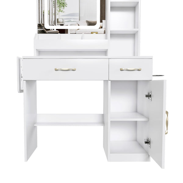 English Elm Vanity Desk with Led Mirror Touch Light Power Outlet Drawers and Storage Stool W2700P342538
