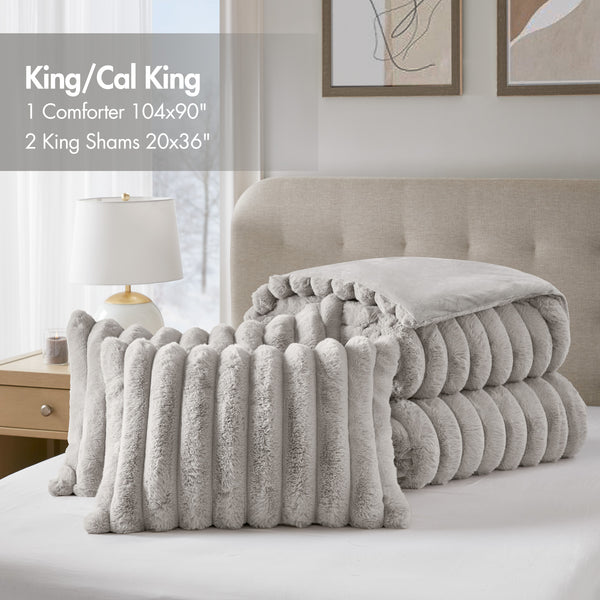 JLA Home Madison Park - Ultrasoft Faux Fur Ribbed Comforter Set with Plush Crystal Velvet Backing for Cozy, Modern Bedrooms Light Gray MP10-8771