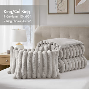 JLA Home Madison Park - Ultrasoft Luxe Faux Fur Ribbed Comforter Set with Crystal Velvet Backing for Plush, Modern Bedding Light Gray MP10-8770