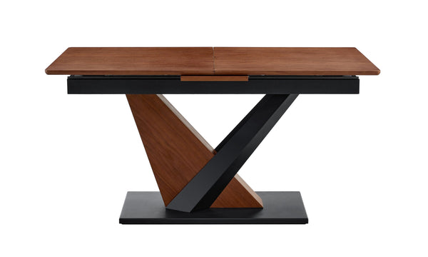 English Elm Modern Extendable Dining Table with Walnut MDF Veneer Top, Dual V-Shaped Metal Base, Sleek Durable Design Dark Walnut W3493S00007