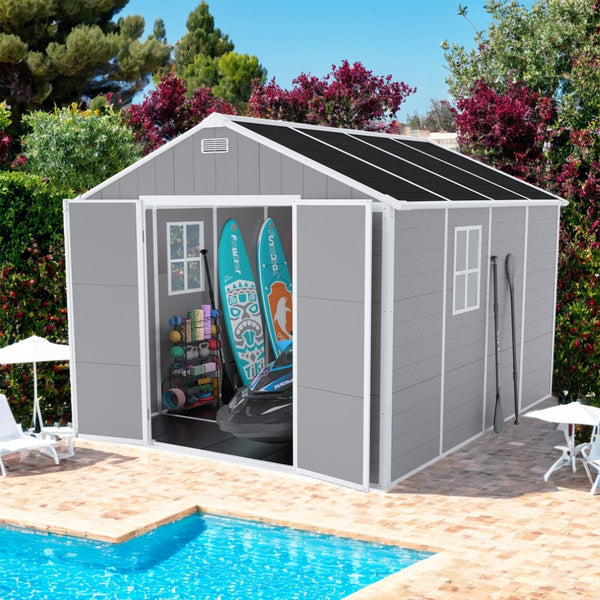 English Elm Campcraft 8x8 Ft Resin Storage Shed with Uv Resistant Polypropylene Panels and Hd Windows W1598S00013