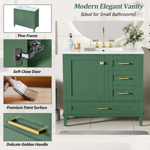 English Elm 36" Green Bathroom Vanity Solid Pine Frame with Soft-Close Door, 3 Varied Drawers & Ceramic Top N729P211167F