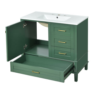 English Elm 36" Green Bathroom Vanity Solid Pine Frame with Soft-Close Door, 3 Varied Drawers & Ceramic Top N729P211167F