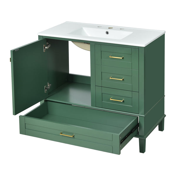 English Elm 36" Green Bathroom Vanity Solid Pine Frame with Soft-Close Door, 3 Varied Drawers & Ceramic Top N729P211167F