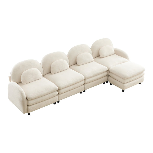 English Elm Teddy Fleece Curved Modular Sectional Sofa with Ottoman Four Seat Cloud Comfort Beige White W5656S00087