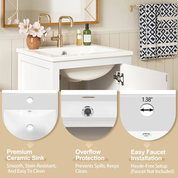 English Elm 18-Inch Modern Bathroom Vanity with Ceramic Sink, Soft-Close Doors, Divider Drawer & Adjusting Feet White N729P334854K