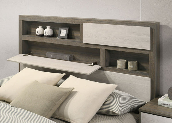 English Elm Edmondson California King Platform Bed with Storage Bookcase Headboard in Grey Oak B062S01777