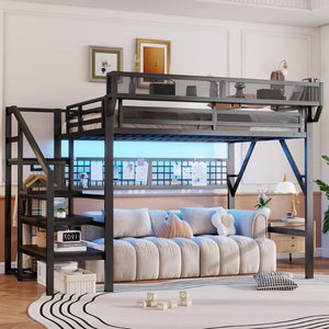 English Elm Queen Metal Loft Bed with Staircase Wardrobe Rgb Lighting Industrial Frame W2580S00067