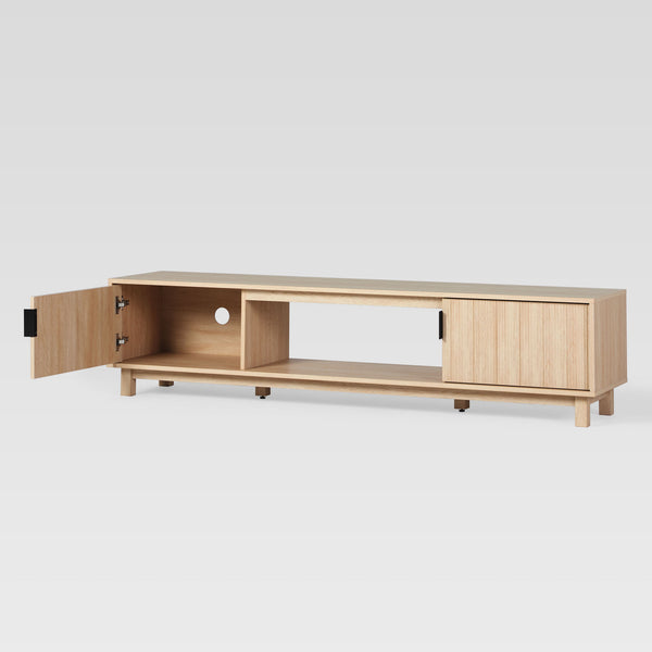 Arundo Mid-century Modern 70" TV Stand with Fluted Doors, Open Storage & Coastal Oak Finish