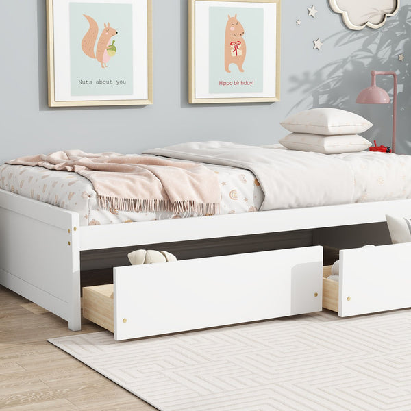 English Elm Twin Twin Size Bed with 2 Drawers Solid Rubber Wood Frame, Space-Saving Storage and Easy Assembly White W504P313037