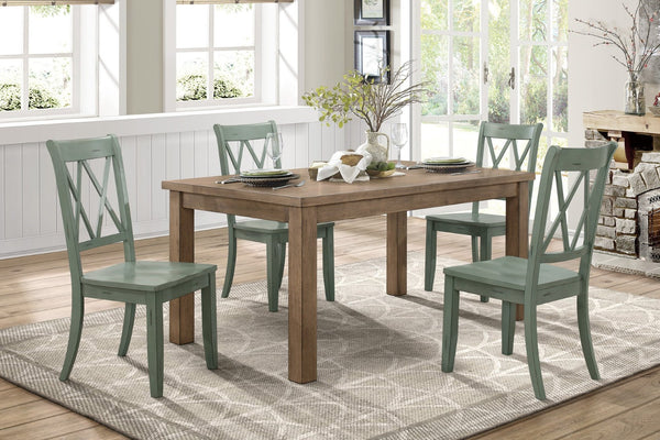 English Elm 5pc Farmhouse Dining Set Pine Table with Four Double X Back Chairs for Kitchen Brown+Teal B011S00998