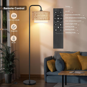 English Elm 68''Floor Boho Farmhouse Lamp with Remote & Pedal, 3Temp Dimmable LED, Rattan + Linen Shades, Black W3355P391496