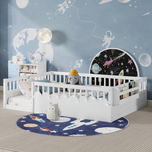 English Elm Full Montessori floor bed offering high rails, built-in light and shelf for safe independent sleep and storage White 79.13 L x 13 W x 6.3 H W2593P333586