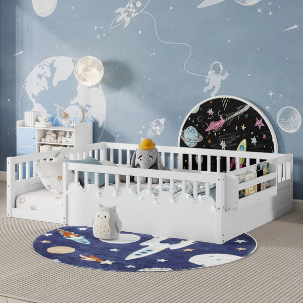 English Elm Full Montessori floor bed offering high rails, built-in light and shelf for safe independent sleep and storage White 79.13 L x 13 W x 6.3 H W2593P333586