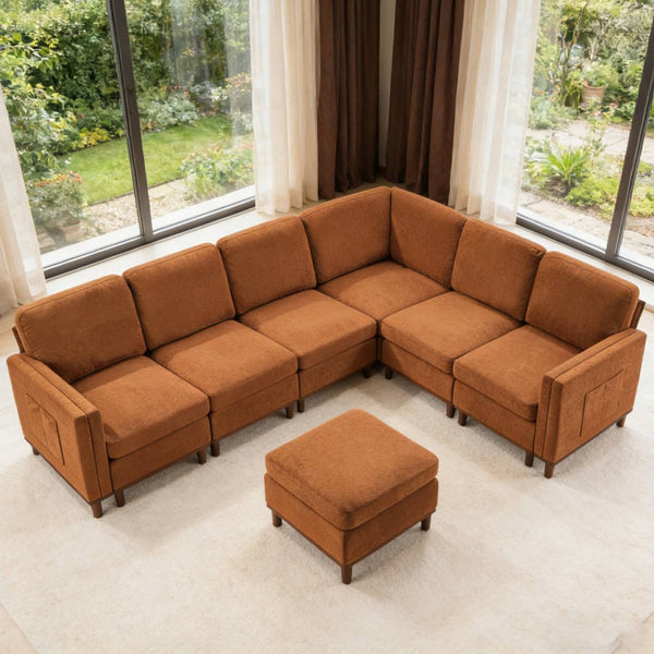 English Elm Modern Modular Sectional Sofa Plush Fabric Upholstery Reconfigurable Living Room Seating Orange W2085S00114