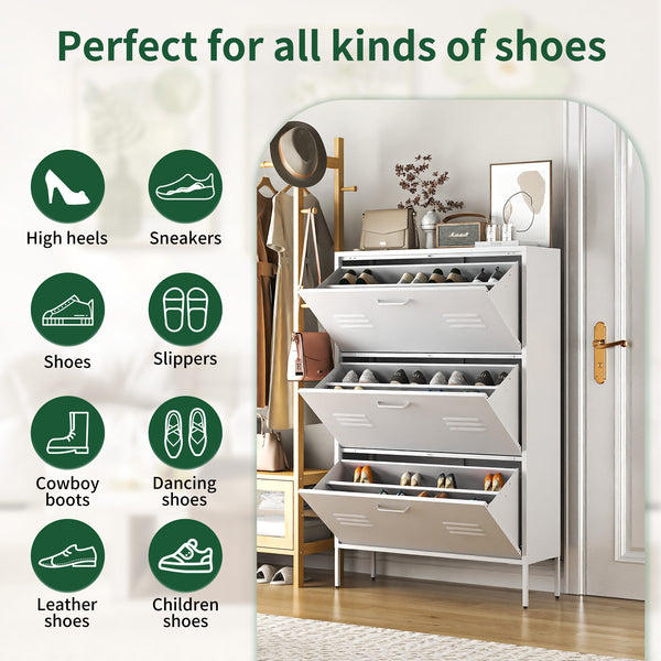 English Elm Shoe 3-Flip Drawer Storage Cabinet with Metal Frame — Freestanding Organizer for Entryway, White T2398P290422
