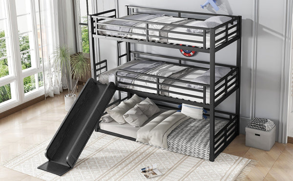English Elm Twin Xl Metal Triple Bunk Bed With Slide, Heavy-Duty Design, Safety Guardrails, Space-Saving Solution W1580S00170-GIGA