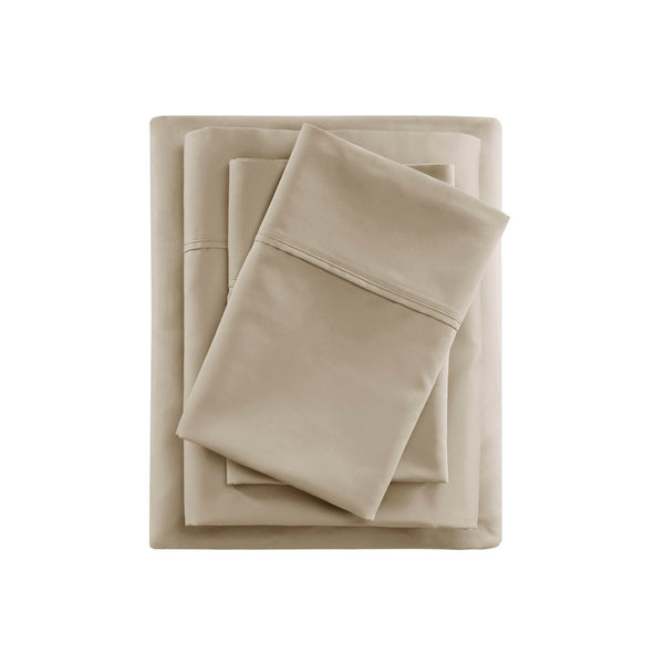 JLA Home Beautyrest - Cooling Cotton Blend Sateen Sheet Set – 4-Piece Moisture-Wicking, 600TC OEKO-TEX Certified for Cooler Nights and Durable Comfort Khaki BR20-1911